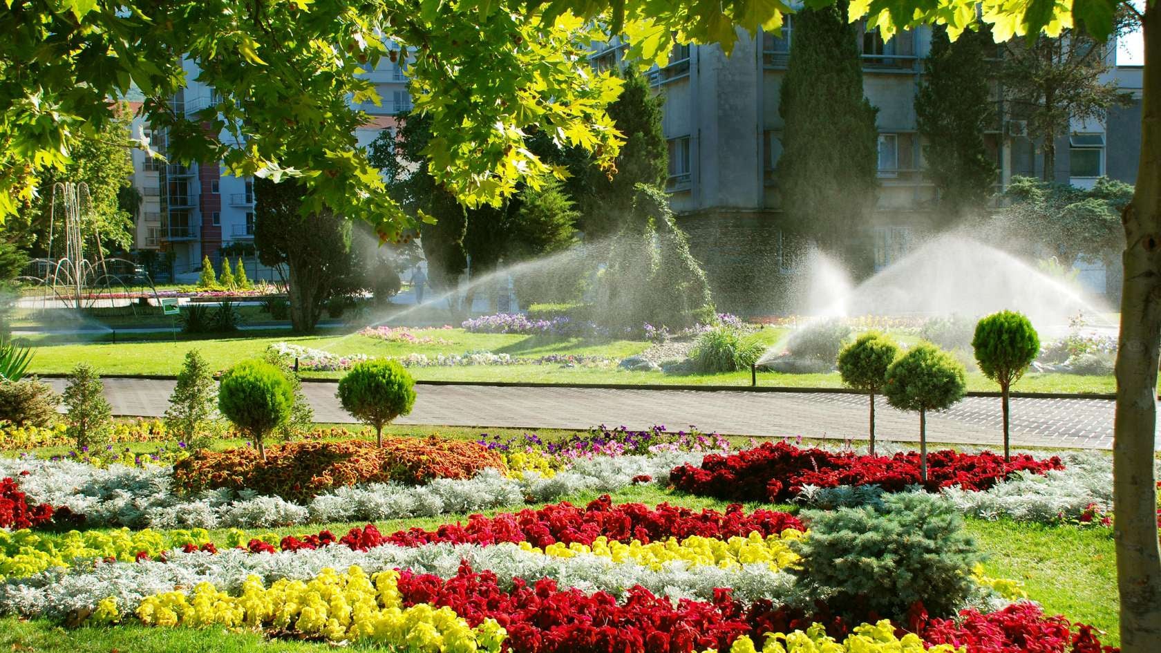 A garden with a fountain in the middle of it